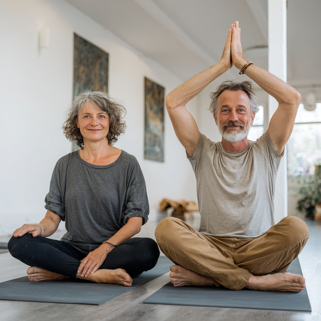 Peaceful middle-aged Hungarian woman sitting in meditation pose in a quiet natural setting, wearing comfortable yoga clothes, with soft natural lighting creating a serene atmosphere